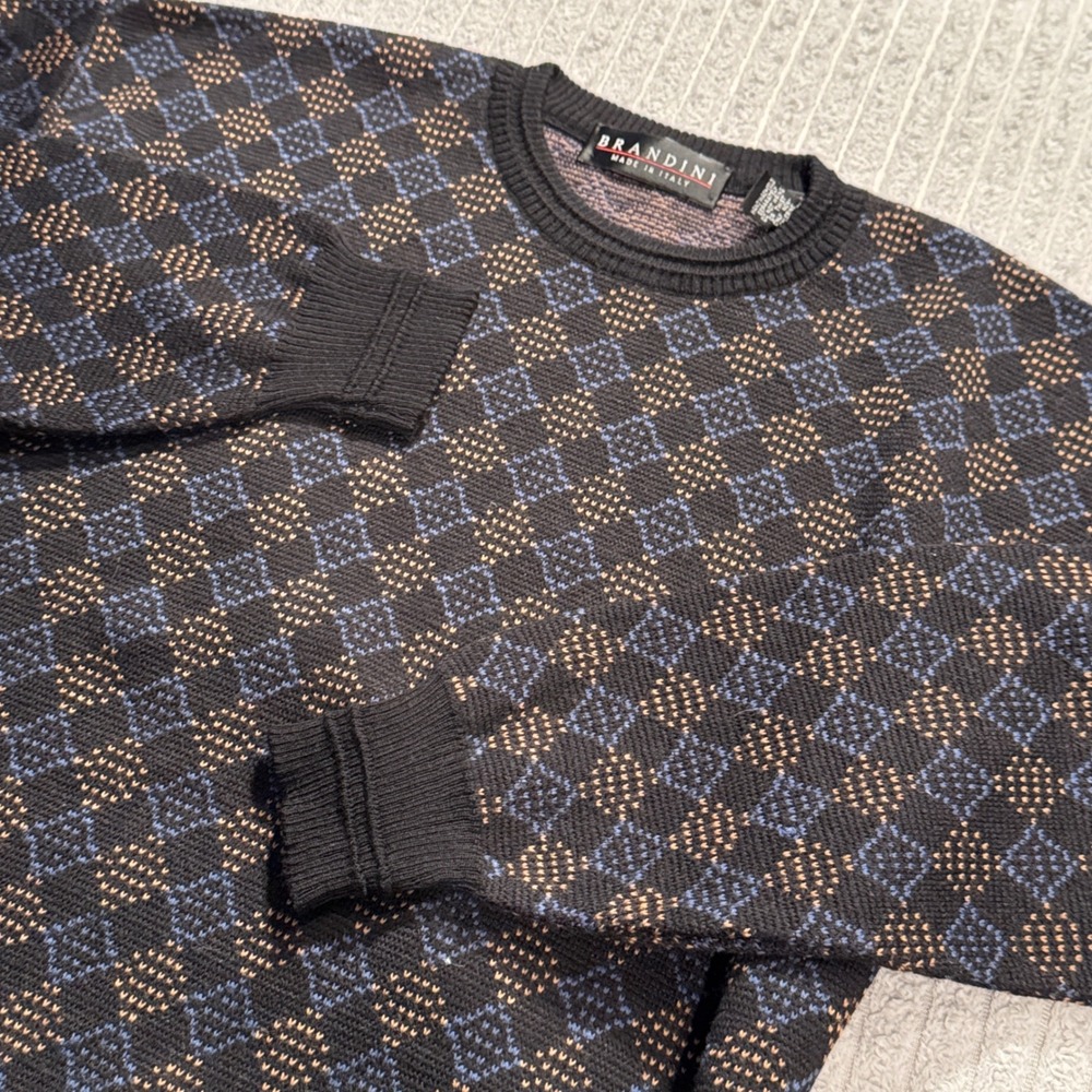 Vintage Brandini Sweater Mens M Black Argyle 100% Merino Wool Italy Pullover